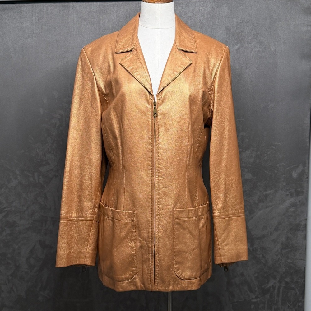 Otello Pelle Leather Jacket Men M Bronze Metallic Zip Front Made in USA Blazer